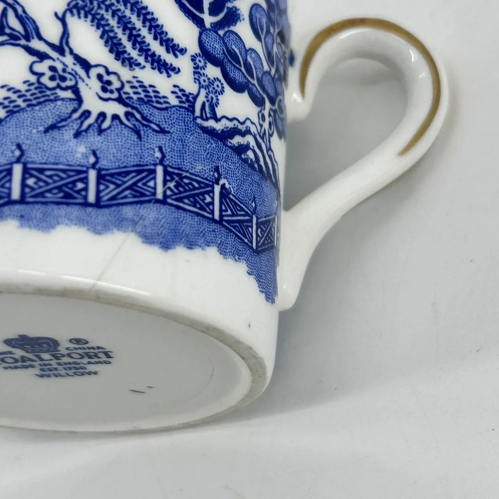 Coalport Blue Willow Demitasse Cup & Saucer Set Bone China Gold Trim - Damaged
